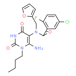 ChemSpider 2D Image | N-(6-Amino-1-butyl-2,4-dioxo-1,2,3,4-tetrahydro-5-pyrimidinyl)-5-chloro-2-fluoro-N-(2-furylmethyl)benzamide | C20H20ClFN4O4