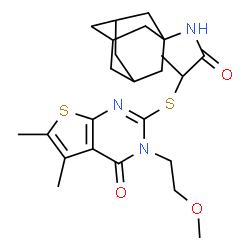 ChemSpider 2D Image | N-(Adamantan-1-yl)-2-{[3-(2-methoxyethyl)-5,6-dimethyl-4-oxo-3,4-dihydrothieno[2,3-d]pyrimidin-2-yl]sulfanyl}propanamide | C24H33N3O3S2