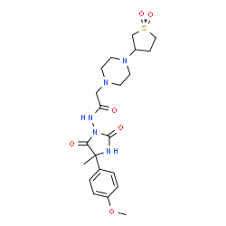 ChemSpider 2D Image | 2-[4-(1,1-Dioxidotetrahydro-3-thiophenyl)-1-piperazinyl]-N-[4-(4-methoxyphenyl)-4-methyl-2,5-dioxo-1-imidazolidinyl]acetamide | C21H29N5O6S
