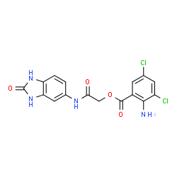 ChemSpider 2D Image | 2-Oxo-2-[(2-oxo-2,3-dihydro-1H-benzimidazol-5-yl)amino]ethyl 2-amino-3,5-dichlorobenzoate | C16H12Cl2N4O4