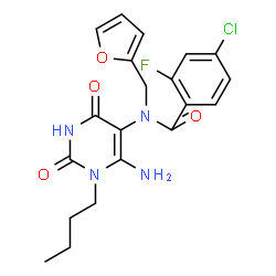 ChemSpider 2D Image | N-(6-Amino-1-butyl-2,4-dioxo-1,2,3,4-tetrahydro-5-pyrimidinyl)-4-chloro-2-fluoro-N-(2-furylmethyl)benzamide | C20H20ClFN4O4