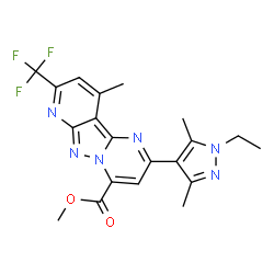 ChemSpider 2D Image | Methyl 2-(1-ethyl-3,5-dimethyl-1H-pyrazol-4-yl)-10-methyl-8-(trifluoromethyl)pyrido[2',3':3,4]pyrazolo[1,5-a]pyrimidine-4-carboxylate | C20H19F3N6O2