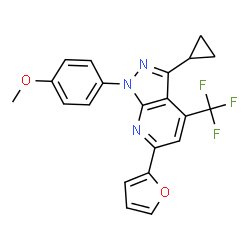 ChemSpider 2D Image | 3-Cyclopropyl-6-(2-furyl)-1-(4-methoxyphenyl)-4-(trifluoromethyl)-1H-pyrazolo[3,4-b]pyridine | C21H16F3N3O2