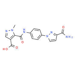 ChemSpider 2D Image | 5-{[4-(3-Carbamoyl-1H-pyrazol-1-yl)phenyl]carbamoyl}-1-methyl-1H-pyrazole-4-carboxylic acid | C16H14N6O4