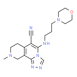 ChemSpider 2D Image | 9-Methyl-5-{[3-(4-morpholinyl)propyl]amino}-7,8,9,10-tetrahydro[1,2,4]triazolo[3,4-a][2,7]naphthyridine-6-carbonitrile | C18H25N7O