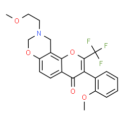 ChemSpider 2D Image | 9-(2-Methoxyethyl)-3-(2-methoxyphenyl)-2-(trifluoromethyl)-9,10-dihydro-4H,8H-chromeno[8,7-e][1,3]oxazin-4-one | C22H20F3NO5
