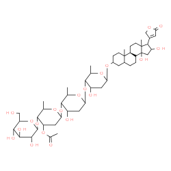 ChemSpider 2D Image | (8xi,10xi,13xi,14xi,17xi)-3-{[Hexopyranosyl-(1->4)-3-O-acetyl-2,6-dideoxyhexopyranosyl-(1->4)-2,6-dideoxyhexopyranosyl-(1->4)-2,6-dideoxyhexopyranosyl]oxy}-14,16-dihydroxycard-20(22)-enolide | C49H76O20