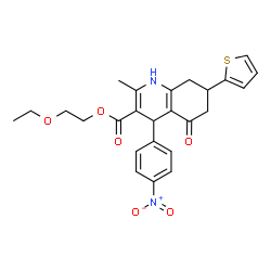 ChemSpider 2D Image | 2-Ethoxyethyl 2-methyl-4-(4-nitrophenyl)-5-oxo-7-(2-thienyl)-1,4,5,6,7,8-hexahydro-3-quinolinecarboxylate | C25H26N2O6S