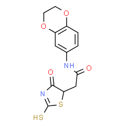 ChemSpider 2D Image | N-(2,3-Dihydro-1,4-benzodioxin-6-yl)-2-(4-oxo-2-thioxo-1,3-thiazolidin-5-yl)acetamide | C13H12N2O4S2