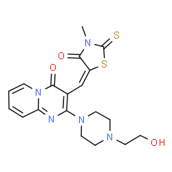ChemSpider 2D Image | 2-[4-(2-Hydroxyethyl)-1-piperazinyl]-3-[(E)-(3-methyl-4-oxo-2-thioxo-1,3-thiazolidin-5-ylidene)methyl]-4H-pyrido[1,2-a]pyrimidin-4-one | C19H21N5O3S2