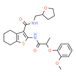 ChemSpider 2D Image | 2-{[2-(2-Methoxyphenoxy)propanoyl]amino}-N-(tetrahydro-2-furanylmethyl)-4,5,6,7-tetrahydro-1-benzothiophene-3-carboxamide | C24H30N2O5S