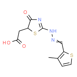 ChemSpider 2D Image | (2-{2-[(3-Methyl-2-thienyl)methylene]hydrazino}-4-oxo-4,5-dihydro-1,3-thiazol-5-yl)acetic acid | C11H11N3O3S2