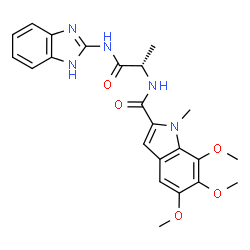 ChemSpider 2D Image | N-[(2S)-1-(1H-Benzimidazol-2-ylamino)-1-oxo-2-propanyl]-5,6,7-trimethoxy-1-methyl-1H-indole-2-carboxamide | C23H25N5O5