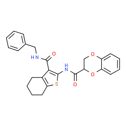 ChemSpider 2D Image | N-[3-(Benzylcarbamoyl)-4,5,6,7-tetrahydro-1-benzothiophen-2-yl]-2,3-dihydro-1,4-benzodioxine-2-carboxamide | C25H24N2O4S