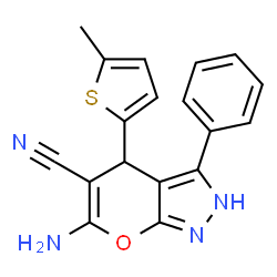 ChemSpider 2D Image | 6-Amino-4-(5-methyl-2-thienyl)-3-phenyl-1,4-dihydropyrano[2,3-c]pyrazole-5-carbonitrile | C18H14N4OS