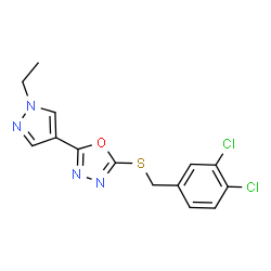 ChemSpider 2D Image | 2-[(3,4-Dichlorobenzyl)sulfanyl]-5-(1-ethyl-1H-pyrazol-4-yl)-1,3,4-oxadiazole | C14H12Cl2N4OS