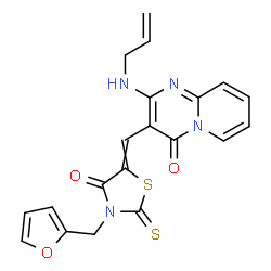 ChemSpider 2D Image | 2-(Allylamino)-3-{[3-(2-furylmethyl)-4-oxo-2-thioxo-1,3-thiazolidin-5-ylidene]methyl}-4H-pyrido[1,2-a]pyrimidin-4-one | C20H16N4O3S2