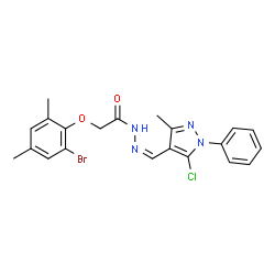 ChemSpider 2D Image | 2-(2-Bromo-4,6-dimethylphenoxy)-N'-[(Z)-(5-chloro-3-methyl-1-phenyl-1H-pyrazol-4-yl)methylene]acetohydrazide | C21H20BrClN4O2