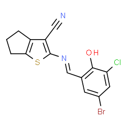 ChemSpider 2D Image | 2-[(E)-(5-Bromo-3-chloro-2-hydroxybenzylidene)amino]-5,6-dihydro-4H-cyclopenta[b]thiophene-3-carbonitrile | C15H10BrClN2OS