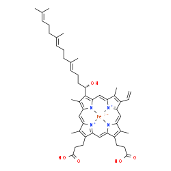 ChemSpider 2D Image | [3,3'-{8-[(1S,4E,8E)-1-Hydroxy-5,9,13-trimethyl-4,8,12-tetradecatrien-1-yl]-3,7,12,17-tetramethyl-13-vinyl-2,18-porphyrindiyl-kappa~4~N~21~,N~22~,N~23~,N~24~}dipropanoato(2-)]iron | C49H58FeN4O5
