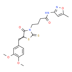 ChemSpider 2D Image | 4-[5-(3,4-Dimethoxybenzylidene)-4-oxo-2-thioxo-1,3-thiazolidin-3-yl]-N-(5-methyl-1,2-oxazol-3-yl)butanamide | C20H21N3O5S2