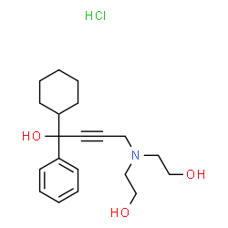 ChemSpider 2D Image | 4-[Bis(2-hydroxyethyl)amino]-1-cyclohexyl-1-phenyl-2-butyn-1-ol hydrochloride (1:1) | C20H30ClNO3