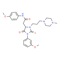 ChemSpider 2D Image | N-(4-Methoxyphenyl)-2-{1-(3-methoxyphenyl)-3-[3-(4-methyl-1-piperazinyl)propyl]-5-oxo-2-thioxo-4-imidazolidinyl}acetamide | C27H35N5O4S