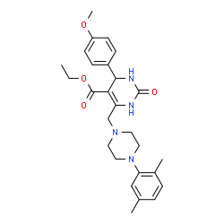 ChemSpider 2D Image | Ethyl 6-{[4-(2,5-dimethylphenyl)-1-piperazinyl]methyl}-4-(4-methoxyphenyl)-2-oxo-1,2,3,4-tetrahydro-5-pyrimidinecarboxylate | C27H34N4O4