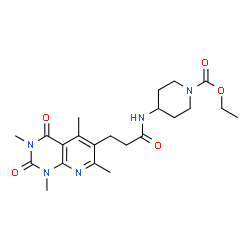 ChemSpider 2D Image | Ethyl 4-{[3-(1,3,5,7-tetramethyl-2,4-dioxo-1,2,3,4-tetrahydropyrido[2,3-d]pyrimidin-6-yl)propanoyl]amino}-1-piperidinecarboxylate | C22H31N5O5