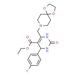 ChemSpider 2D Image | Ethyl 6-(1,4-dioxa-8-azaspiro[4.5]dec-8-ylmethyl)-4-(4-fluorophenyl)-2-oxo-1,2,3,4-tetrahydro-5-pyrimidinecarboxylate | C21H26FN3O5