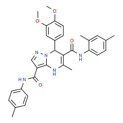 ChemSpider 2D Image | 7-(3,4-Dimethoxyphenyl)-N~6~-(2,4-dimethylphenyl)-5-methyl-N~3~-(4-methylphenyl)-4,7-dihydropyrazolo[1,5-a]pyrimidine-3,6-dicarboxamide | C32H33N5O4
