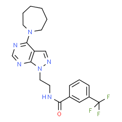 ChemSpider 2D Image | N-{2-[4-(1-Azepanyl)-1H-pyrazolo[3,4-d]pyrimidin-1-yl]ethyl}-3-(trifluoromethyl)benzamide | C21H23F3N6O
