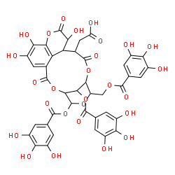 ChemSpider 2D Image | {13,17,18-Trihydroxy-2,10,14-trioxo-5,21-bis[(3,4,5-trihydroxybenzoyl)oxy]-7-{[(3,4,5-trihydroxybenzoyl)oxy]methyl}-3,6,9,15-tetraoxatetracyclo[10.7.1.1~4,8~.0~16,20~]henicosa-1(20),16,18-trien-11-yl}
acetic acid | C41H32O27