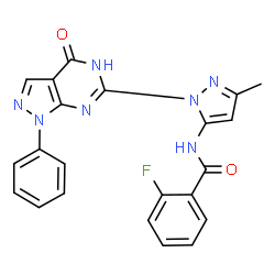 ChemSpider 2D Image | 2-Fluoro-N-[3-methyl-1-(4-oxo-1-phenyl-4,5-dihydro-1H-pyrazolo[3,4-d]pyrimidin-6-yl)-1H-pyrazol-5-yl]benzamide | C22H16FN7O2