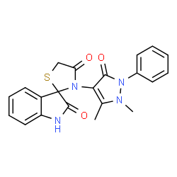 ChemSpider 2D Image | 3'-(1,5-Dimethyl-3-oxo-2-phenyl-2,3-dihydro-1H-pyrazol-4-yl)-4'H-spiro[indole-3,2'-[1,3]thiazolidine]-2,4'(1H)-dione | C21H18N4O3S