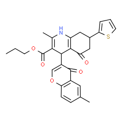 ChemSpider 2D Image | Propyl 2-methyl-4-(6-methyl-4-oxo-4H-chromen-3-yl)-5-oxo-7-(2-thienyl)-1,4,5,6,7,8-hexahydro-3-quinolinecarboxylate | C28H27NO5S