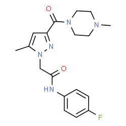 ChemSpider 2D Image | N-(4-Fluorophenyl)-2-{5-methyl-3-[(4-methyl-1-piperazinyl)carbonyl]-1H-pyrazol-1-yl}acetamide | C18H22FN5O2