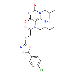 ChemSpider 2D Image | N-(6-Amino-1-isobutyl-2,4-dioxo-1,2,3,4-tetrahydro-5-pyrimidinyl)-N-butyl-2-{[5-(4-chlorophenyl)-1,3,4-oxadiazol-2-yl]sulfanyl}acetamide | C22H27ClN6O4S