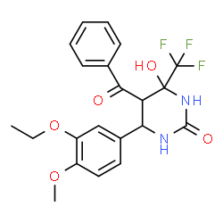 ChemSpider 2D Image | 5-Benzoyl-6-(3-ethoxy-4-methoxyphenyl)-4-hydroxy-4-(trifluoromethyl)tetrahydro-2(1H)-pyrimidinone | C21H21F3N2O5