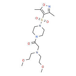 ChemSpider 2D Image | 2-[Bis(2-methoxyethyl)amino]-1-{4-[(3,5-dimethyl-1,2-oxazol-4-yl)sulfonyl]-1-piperazinyl}ethanone | C17H30N4O6S