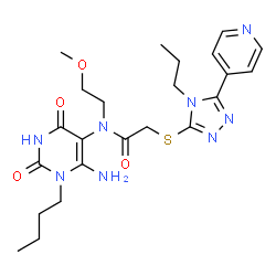 ChemSpider 2D Image | N-(6-Amino-1-butyl-2,4-dioxo-1,2,3,4-tetrahydro-5-pyrimidinyl)-N-(2-methoxyethyl)-2-{[4-propyl-5-(4-pyridinyl)-4H-1,2,4-triazol-3-yl]sulfanyl}acetamide | C23H32N8O4S