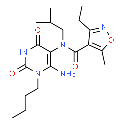 ChemSpider 2D Image | N-(6-Amino-1-butyl-2,4-dioxo-1,2,3,4-tetrahydro-5-pyrimidinyl)-3-ethyl-N-isobutyl-5-methyl-1,2-oxazole-4-carboxamide | C19H29N5O4