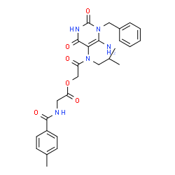 ChemSpider 2D Image | 2-[(6-Amino-1-benzyl-2,4-dioxo-1,2,3,4-tetrahydro-5-pyrimidinyl)(isobutyl)amino]-2-oxoethyl N-(4-methylbenzoyl)glycinate | C27H31N5O6