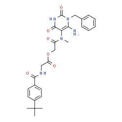 ChemSpider 2D Image | 2-[(6-Amino-1-benzyl-2,4-dioxo-1,2,3,4-tetrahydro-5-pyrimidinyl)(methyl)amino]-2-oxoethyl N-[4-(2-methyl-2-propanyl)benzoyl]glycinate | C27H31N5O6