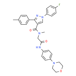 ChemSpider 2D Image | 1-(4-Fluorophenyl)-N-methyl-3-(4-methylphenyl)-N-(2-{[4-(4-morpholinyl)phenyl]amino}-2-oxoethyl)-1H-pyrazole-4-carboxamide | C30H30FN5O3