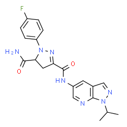 ChemSpider 2D Image | 1-(4-Fluorophenyl)-N~3~-(1-isopropyl-1H-pyrazolo[3,4-b]pyridin-5-yl)-4,5-dihydro-1H-pyrazole-3,5-dicarboxamide | C20H20FN7O2