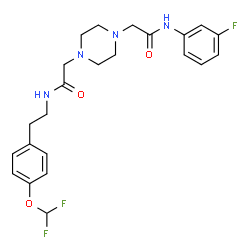 ChemSpider 2D Image | 2-{4-[2-({2-[4-(Difluoromethoxy)phenyl]ethyl}amino)-2-oxoethyl]-1-piperazinyl}-N-(3-fluorophenyl)acetamide | C23H27F3N4O3