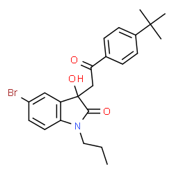 ChemSpider 2D Image | 5-Bromo-3-hydroxy-3-{2-[4-(2-methyl-2-propanyl)phenyl]-2-oxoethyl}-1-propyl-1,3-dihydro-2H-indol-2-one | C23H26BrNO3