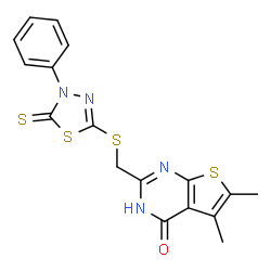 ChemSpider 2D Image | 5,6-Dimethyl-2-{[(4-phenyl-5-thioxo-4,5-dihydro-1,3,4-thiadiazol-2-yl)sulfanyl]methyl}thieno[2,3-d]pyrimidin-4(1H)-one | C17H14N4OS4