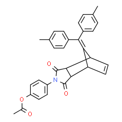 ChemSpider 2D Image | 4-{10-[Bis(4-methylphenyl)methylene]-3,5-dioxo-4-azatricyclo[5.2.1.0~2,6~]dec-8-en-4-yl}phenyl acetate | C32H27NO4